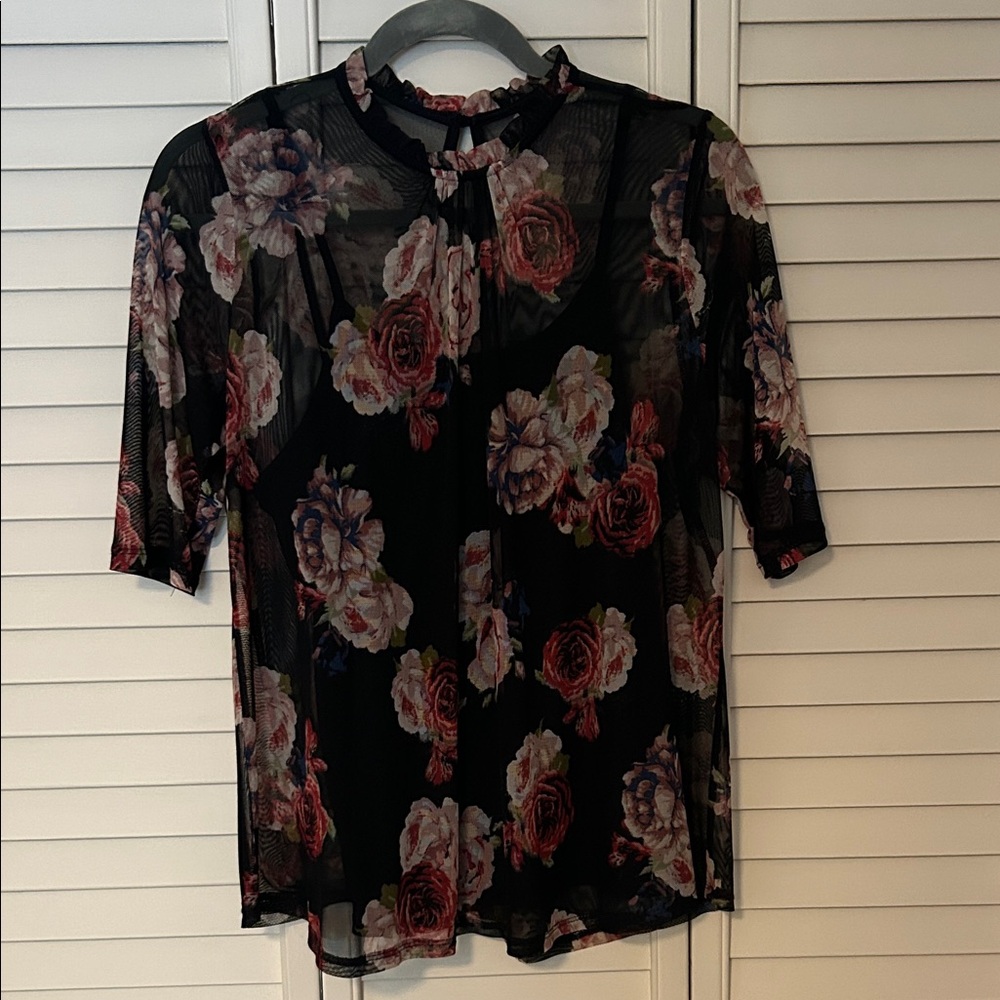 Monteau Black Floral Sheer Blouse